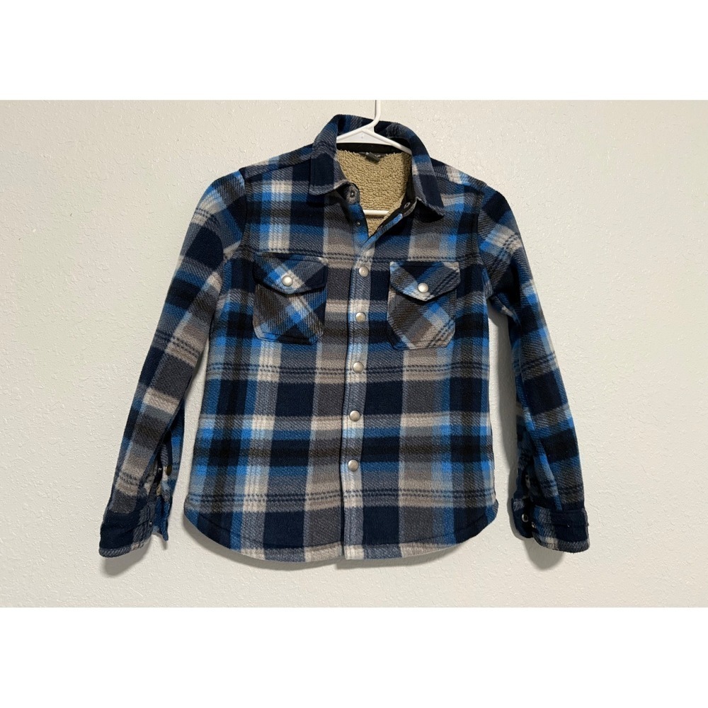 Eddie Bauer Kids Sherpa Lined Plaid Flannel Shirt Jacket Blue Gray Size 8 - Picture 2 of 4